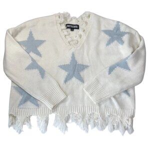 Sweet & Sinful Cropped Sweater Womens XS Off White Fringe Stars Hippie Boho Y2K